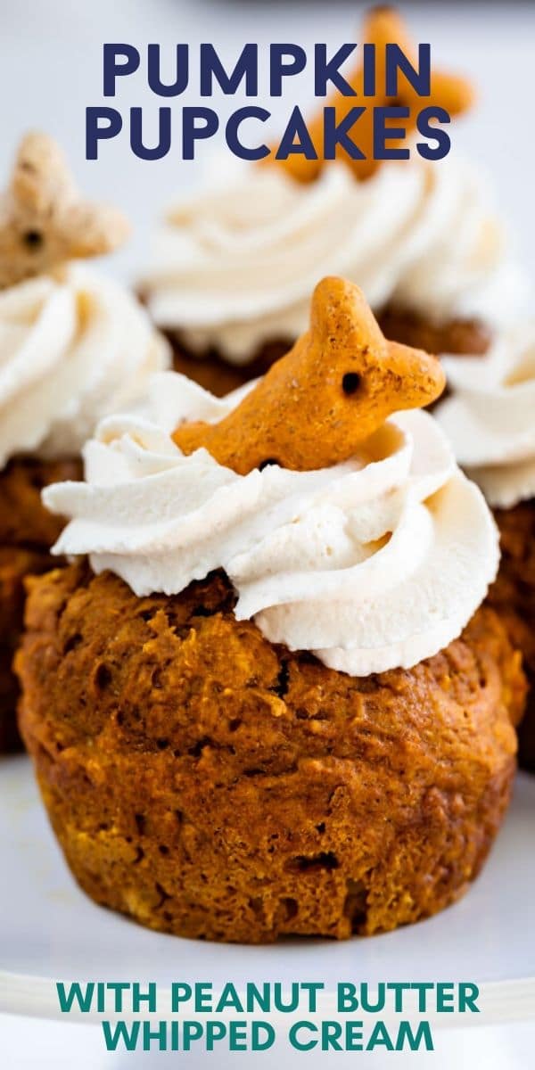 Close up shot of pumpkin pupcake with dog bone on top and recipe title on top of image