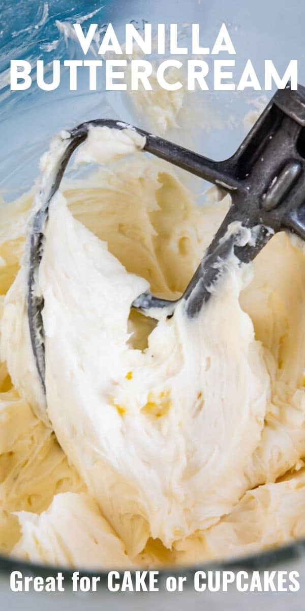 Vanilla buttercream in a bowl with paddle attachment and recipe title on top of image