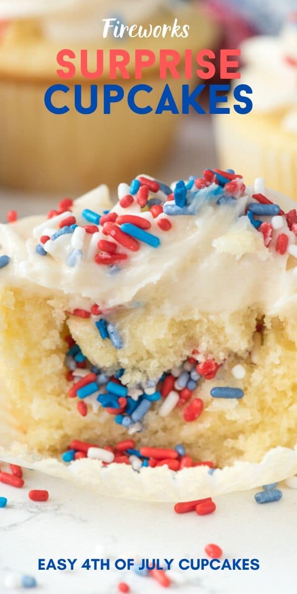 Fireworks surprise cupcake cut in half to show red white and blue sprinkle surprise in middle with recipe title on top of image