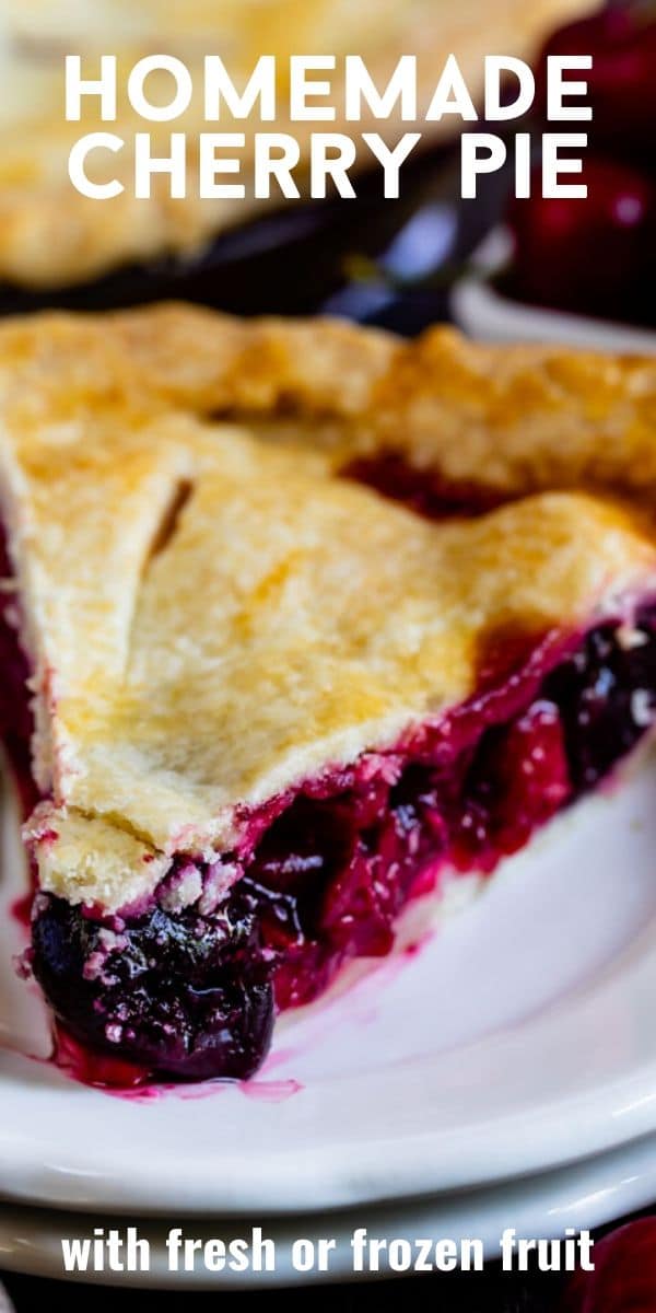 Slice of cherry pie on a white plate with recipe title on top of photo