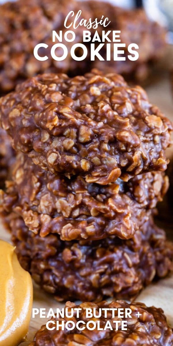 Stack of no bake cookies on wood cutting board with recipe title on top of image