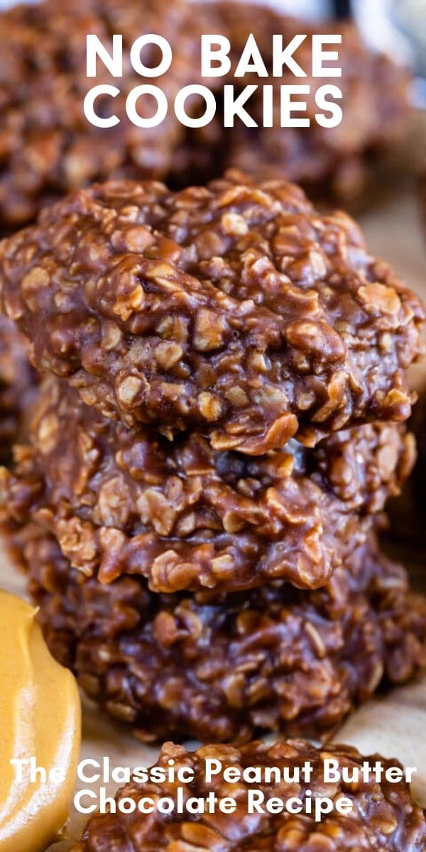 Stack of no bake cookies on wood cutting board with recipe title on top of image