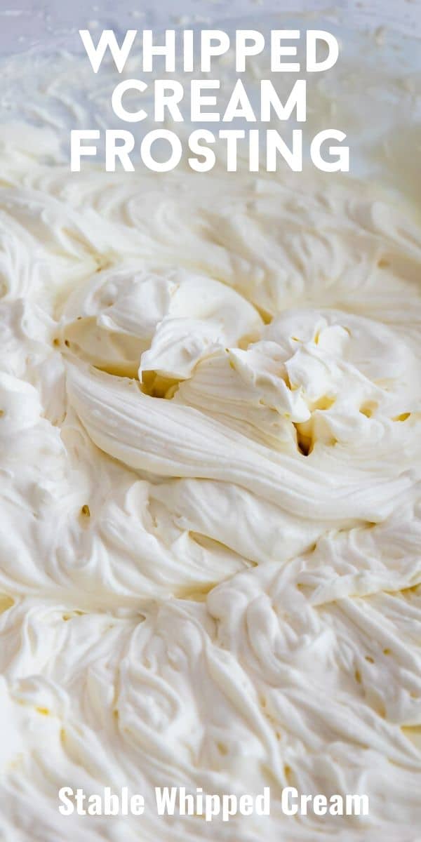 Whipped cream frosting swirls with recipe title on top of image