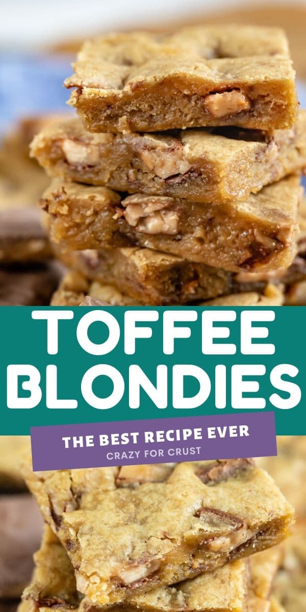 Photo collage of toffee blondies with color block and recipe title in the middle of photos