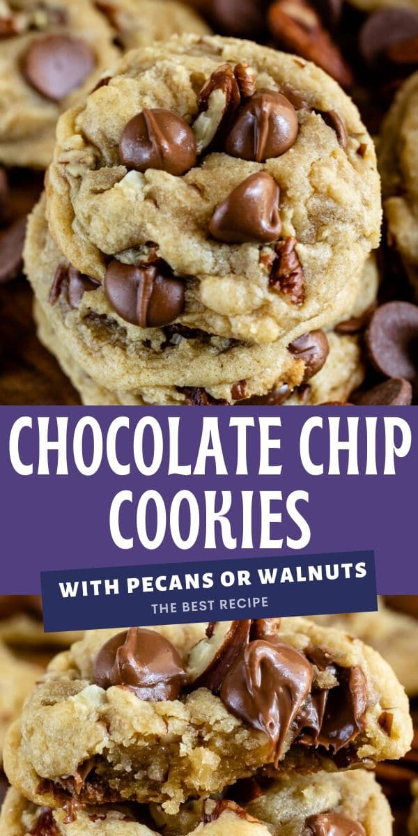 Photo collage of chocolate chip pecan cookies with purple color block and recipe title in middle of photos