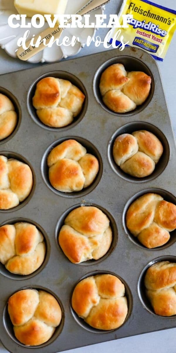 Overhead shot of cloverleaf dinner rolls in muffin pan