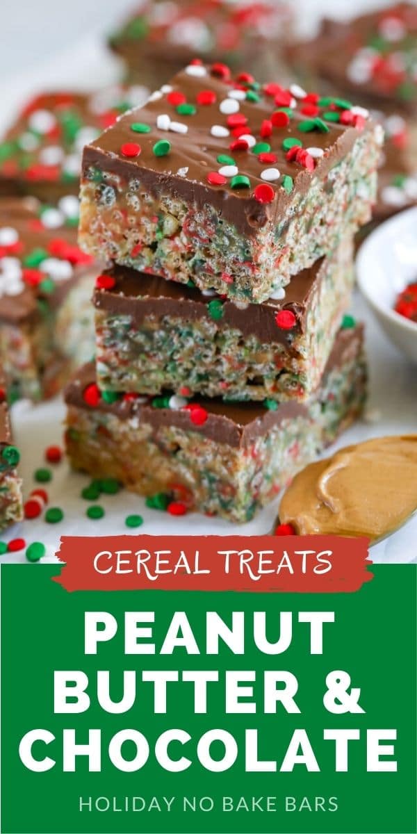 Three holiday no bake cereal bars stacked on top of eachother with recipe title on bottom of image