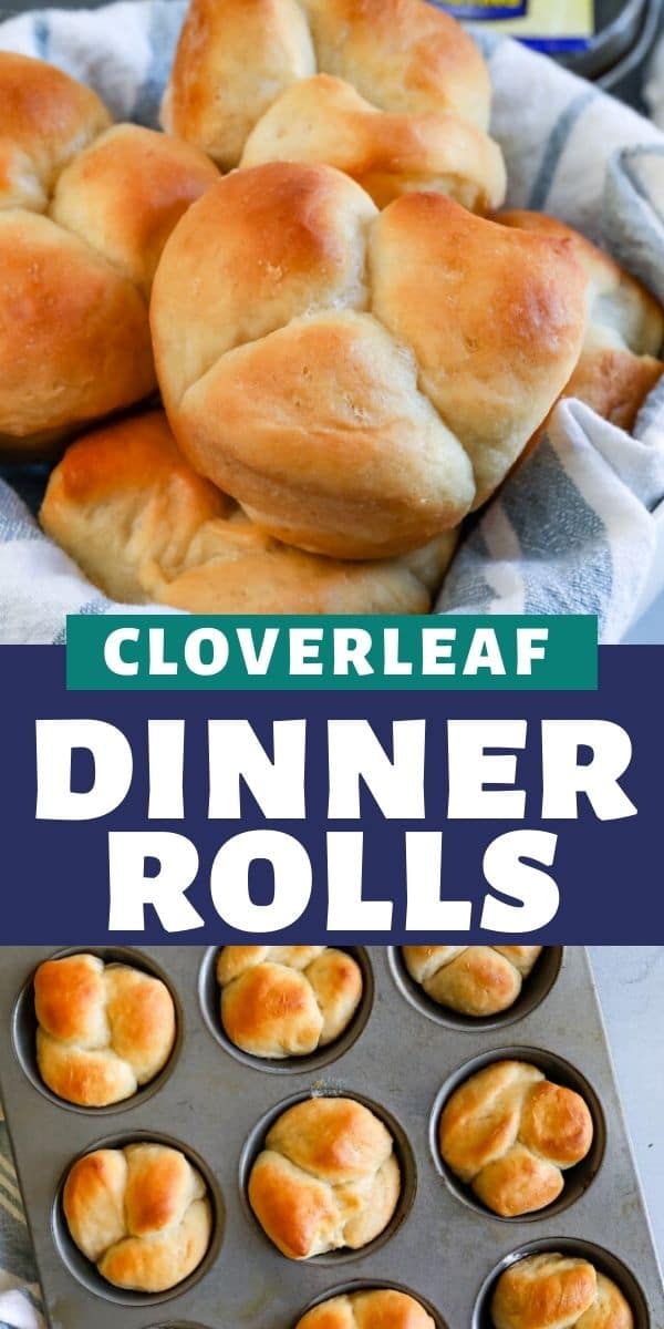 Photo collage of cloverleaf dinner rolls with color block and recipe title in middle