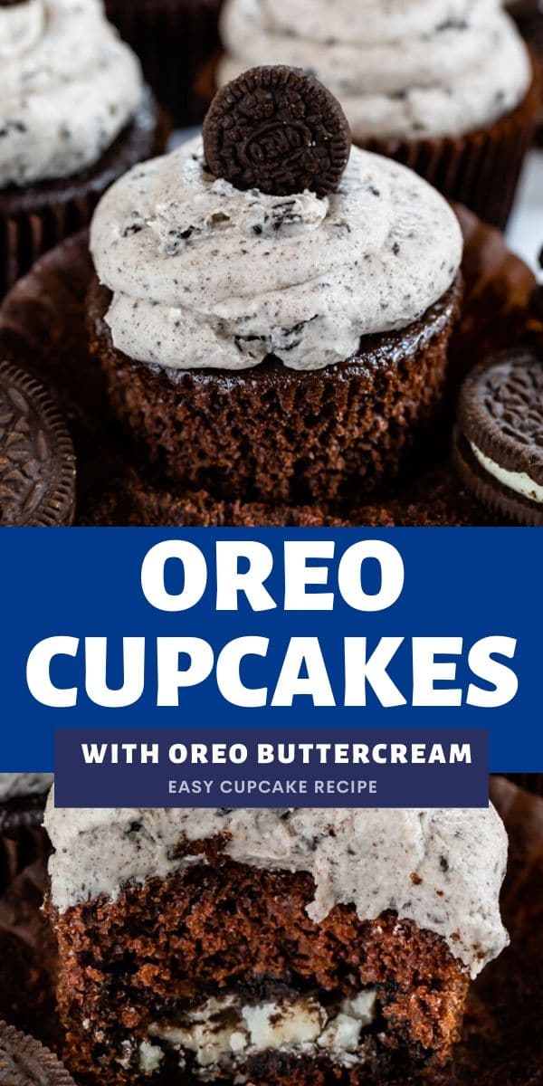 Photo collage of oreo cupcakes with blue color block and recipe title in middle of photos