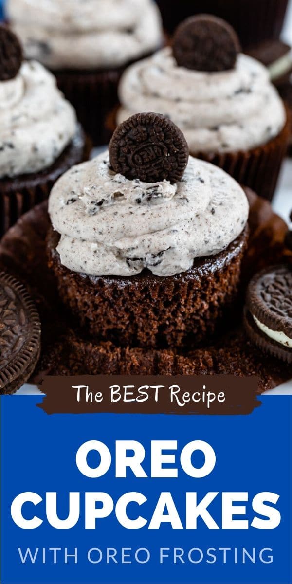 Oreo cupcakes with color block and recipe tite on bottom of image