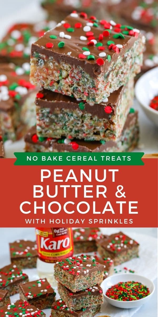 Photo collage showing holiday no bake cereal bars with recipe title in middle