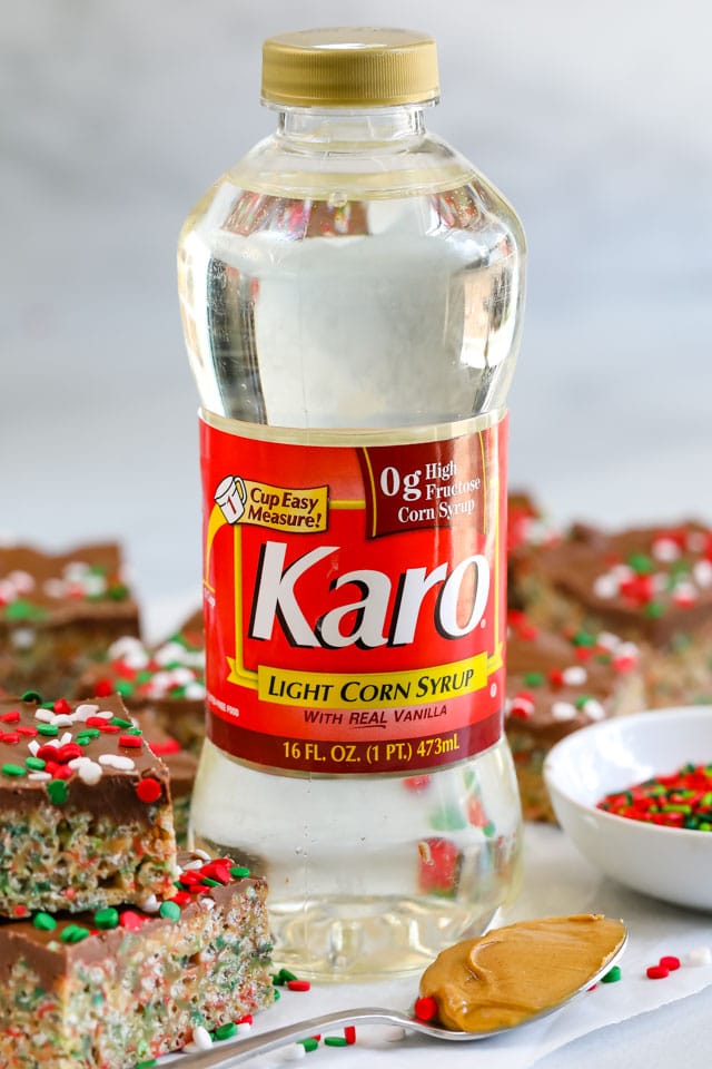 Karo light corn syrup bottle with holiday no bake cereal bars around it