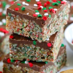 Stack of holiday no bake cereal bars