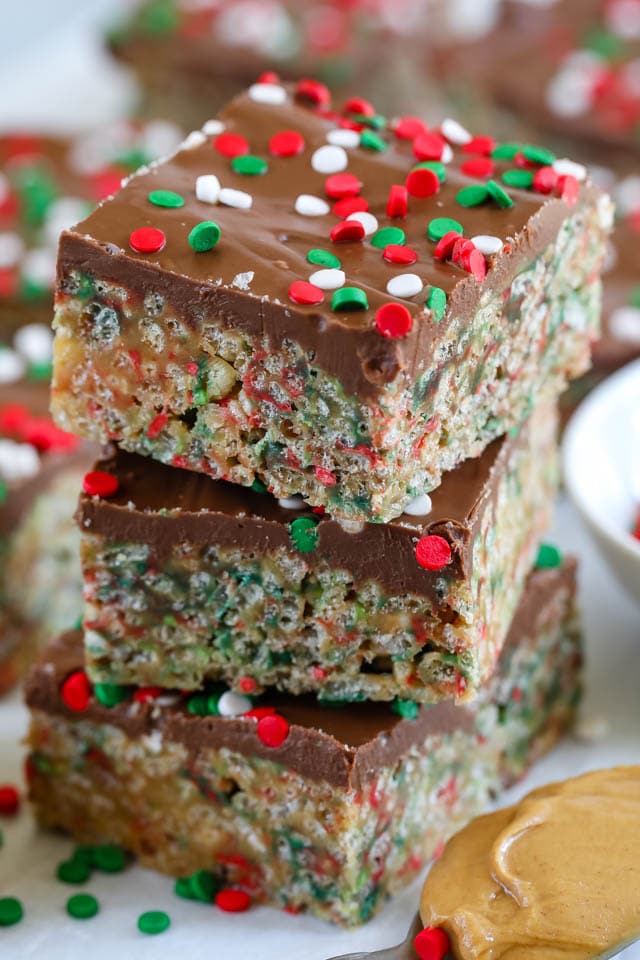 Stack of holiday no bake cereal bars