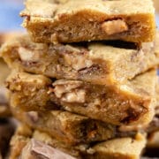 Close up of the side of the stack of toffee blondies