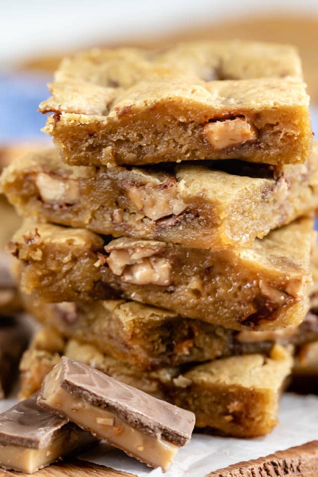 Close up of the side of the stack of toffee blondies