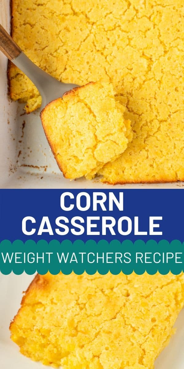 Photo collage of weight watchers corn casserole with recipe title in middle of photos