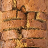 Close up overhead shot of sliced biscoff banana bread loaf