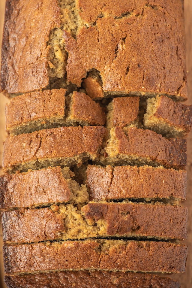 Close up overhead shot of sliced biscoff banana bread loaf