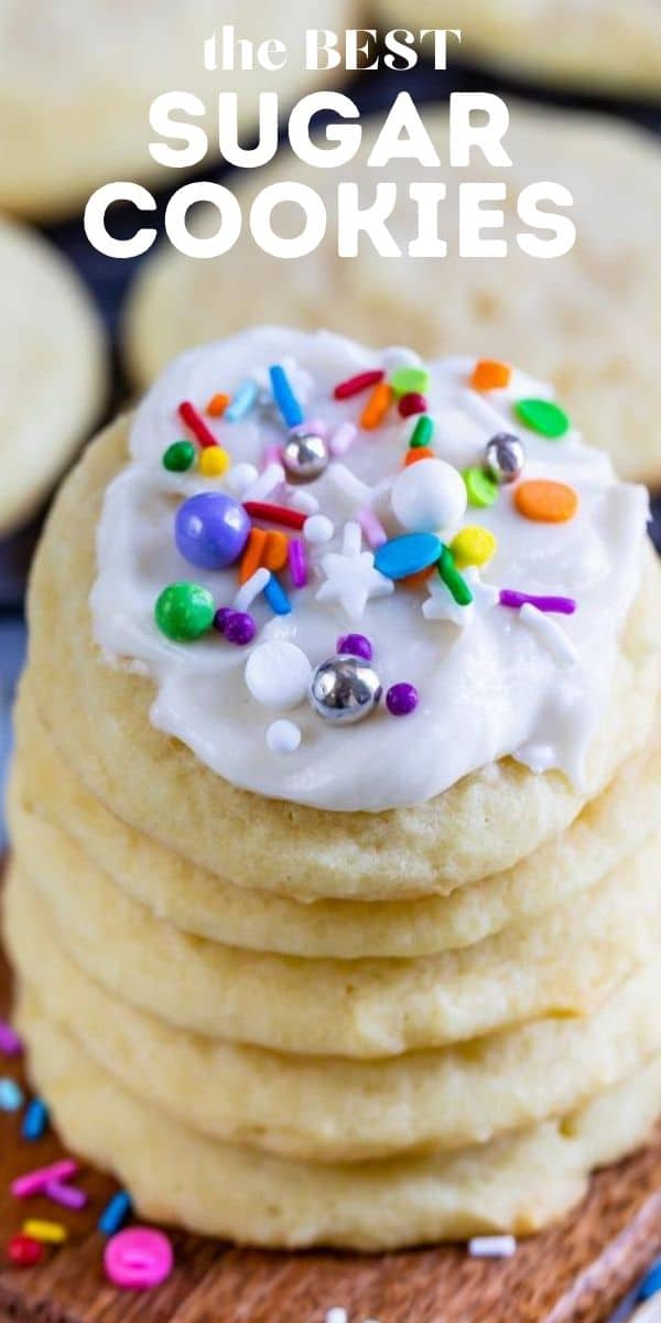 Stack of the best sugar cookies with icing and colorful sprinkles on top with recipe title at top of image