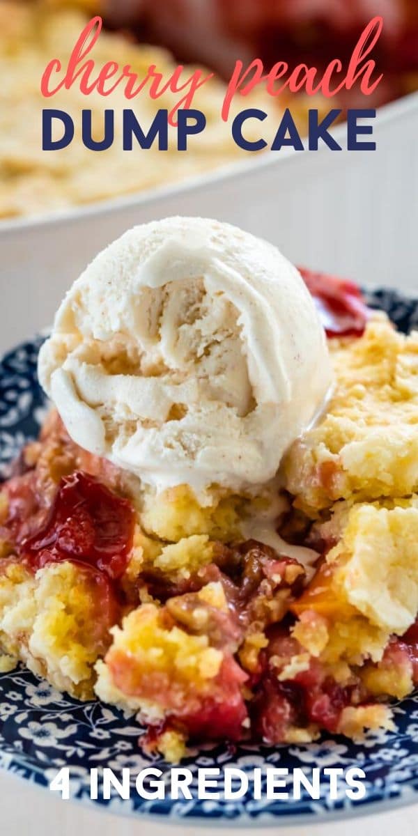 dump cake with cherries on blue patterned plate with ice cream