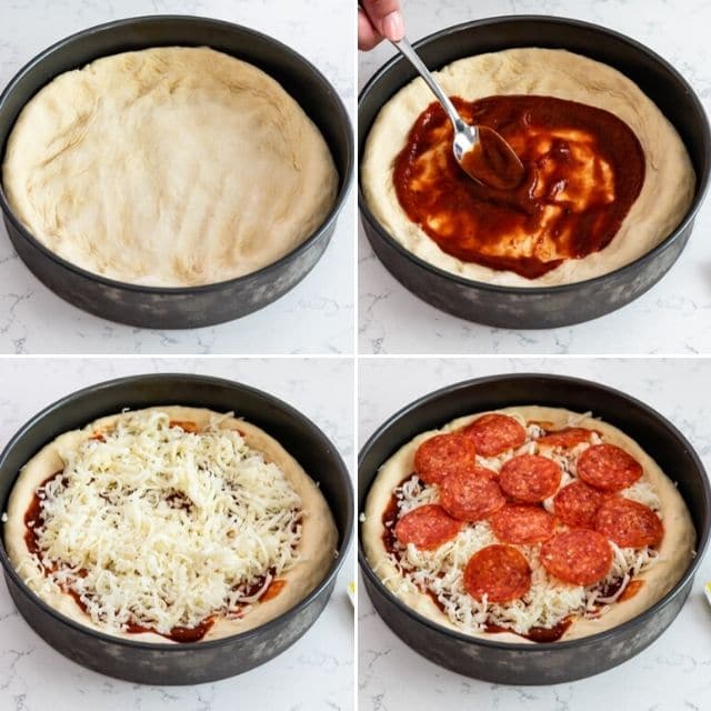 Step by step photos showing the deep dish pizza being filled with ingredients