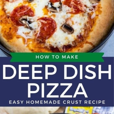 Photo collage showing deep dish pizza with color block and recipe title in middle of photos