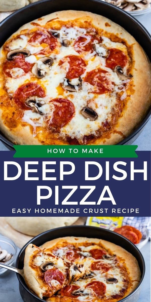 Photo collage showing deep dish pizza with color block and recipe title in middle of photos