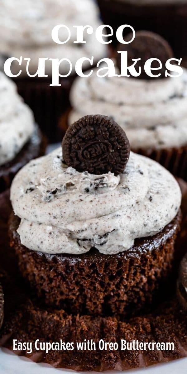 Close up of unwrapped oreo cupcake with buttercream icing and mini oreo on top with recipe title on top