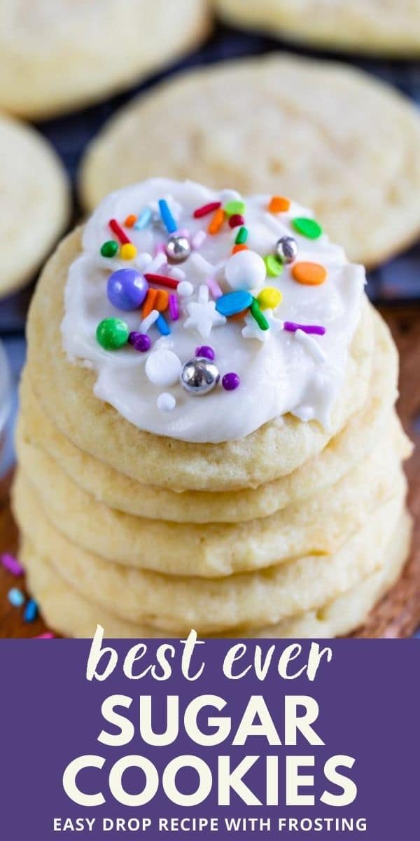 Stack of the best sugar cookies with icing and colorful sprinkles on top recipe title on bottom