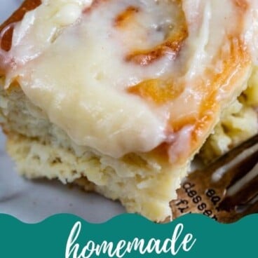 cinnamon roll on plate with color block and words on photo