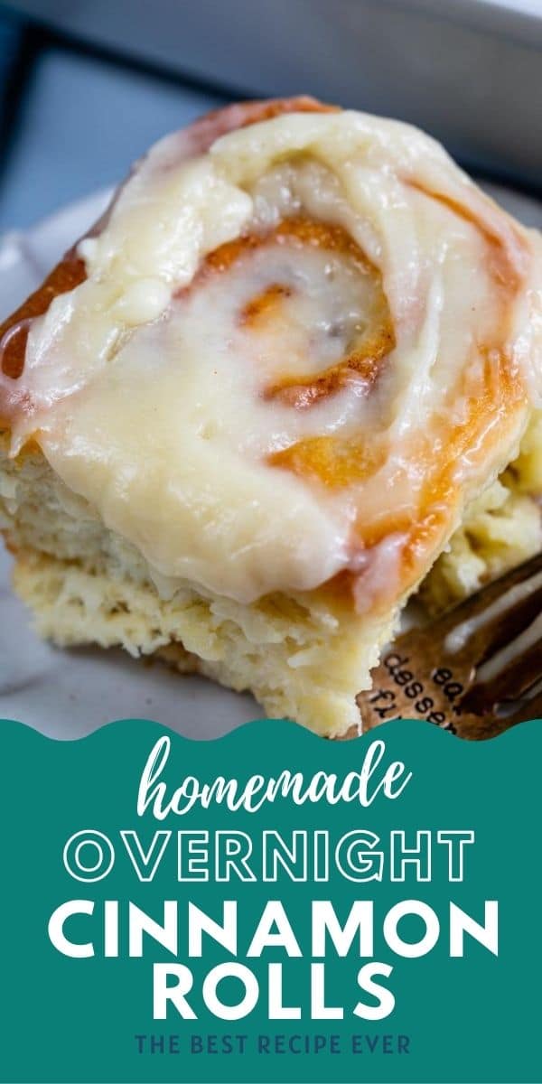 cinnamon roll on plate with color block and words on photo