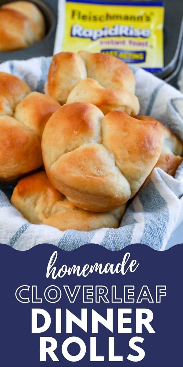 Close up of cloverleaf dinner rolls in a roll basket with recipe title on bottom of image