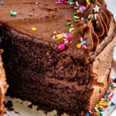 chocolate cake with slice missing and words on photo
