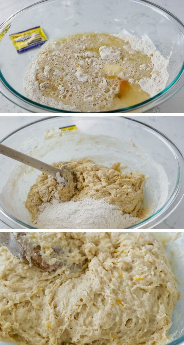 Three photo process showing how to make the sweet roll dough.
