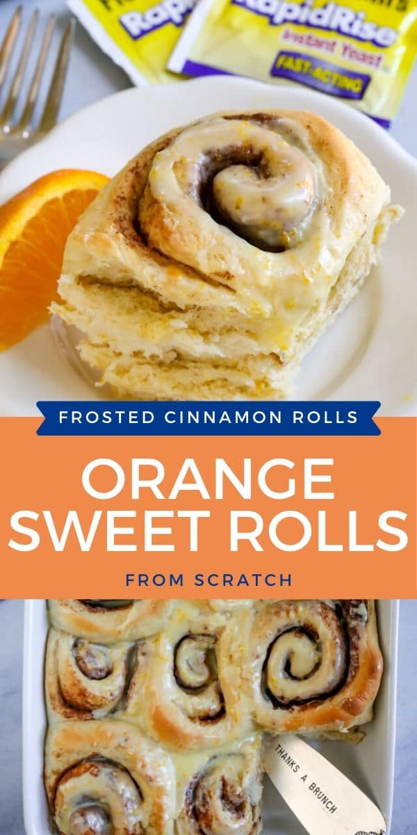 Photo collage showing orange sweet rolls with color block and recipe title in middle of photos