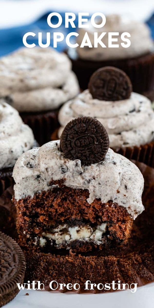 Oreo cupcake cut in half to show oreo cookie inside cupcake with recipe title on top