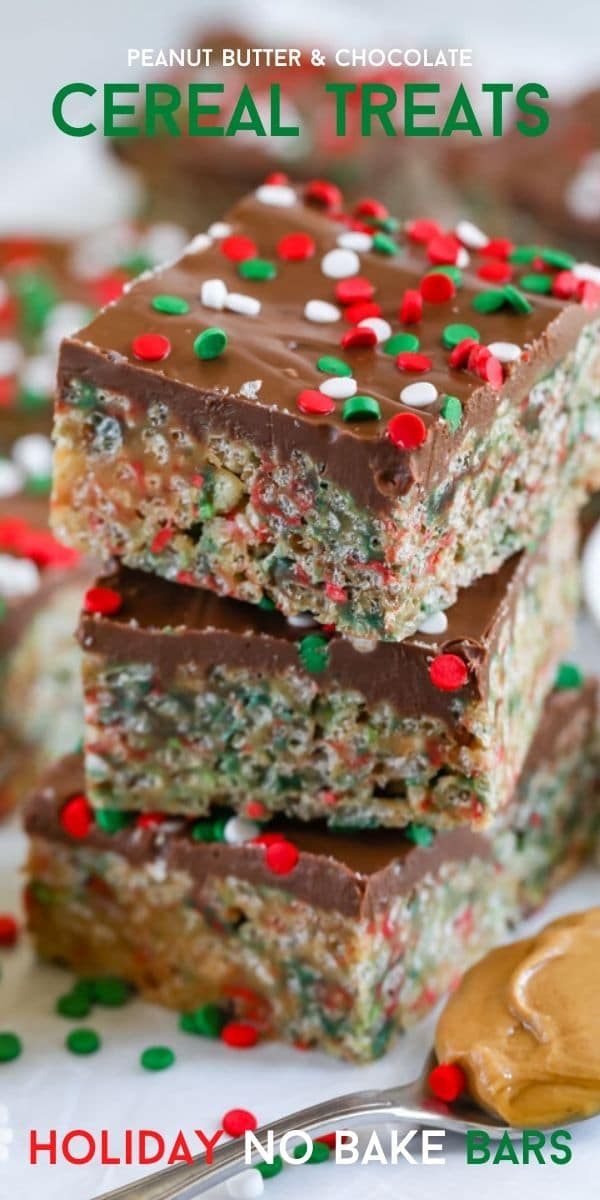 Stack of holiday no bake cereal bars with recipe title on top of image