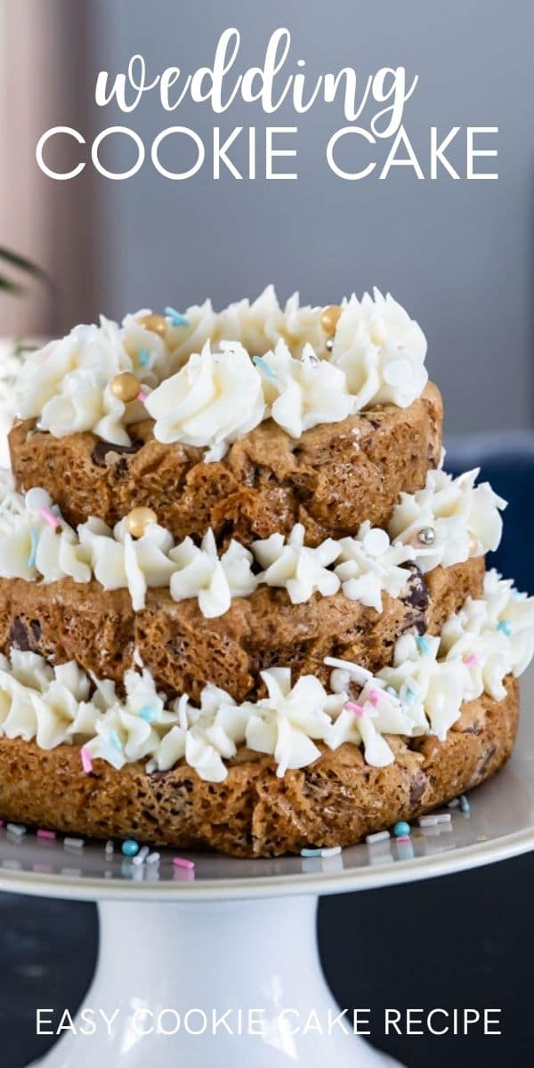 wedding cookie cake on white plate with words on photo