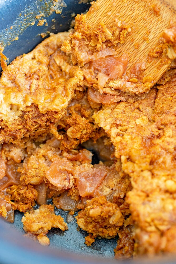 Close up of finished apple dump cake in slow cooker