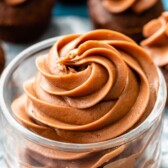Chocolate cream cheese frosting in a glass dish
