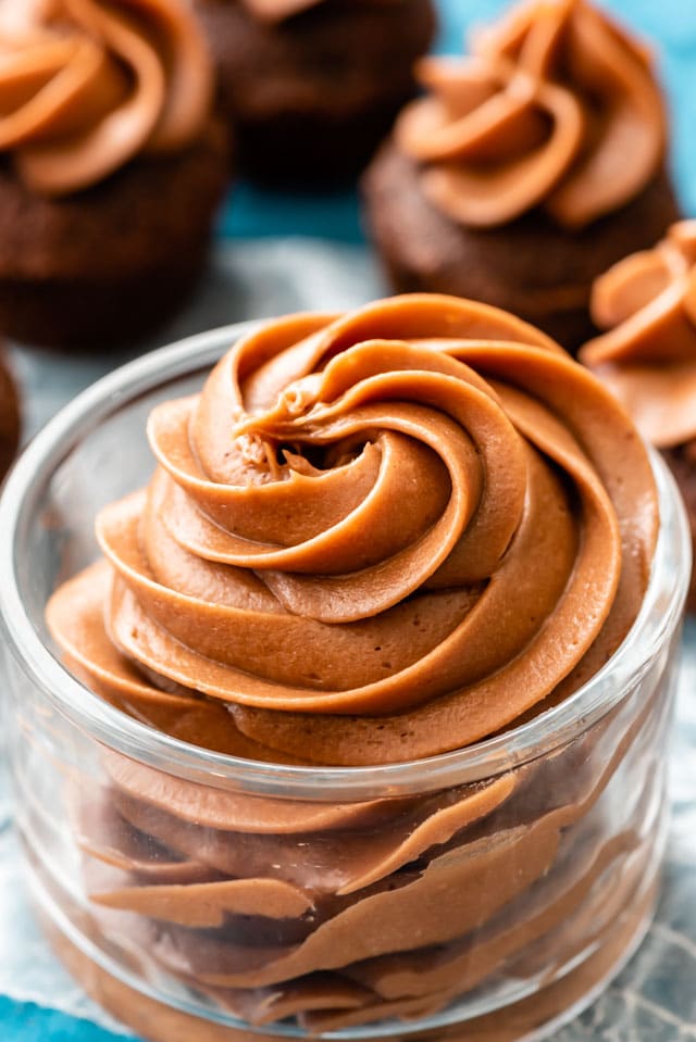 Chocolate cream cheese frosting in a glass dish