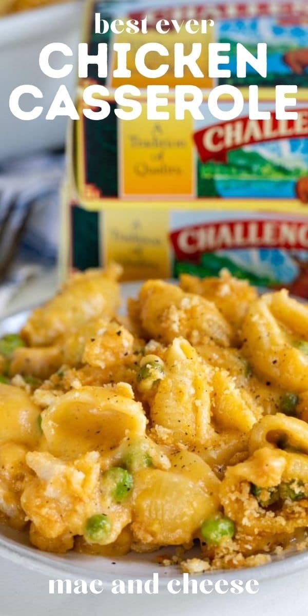 Easy cheesy chicken casserole on a grey place with challenge butter in background with recipe title on top of photo