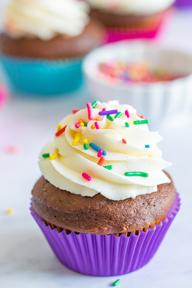 chocolate cupcake in purple liner with sprinkles