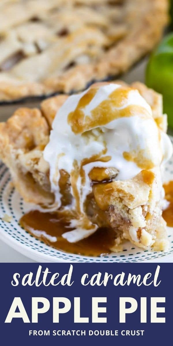 Slice of salted caramel apple pie on a blue dotted plate with vanilla ice cream and caramel on top and recipe title on bottom of image
