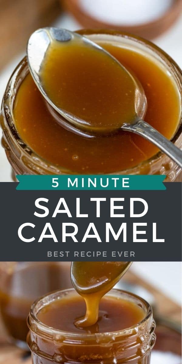 Photo collage of salted caramel sauce with recipe title in middle of photos