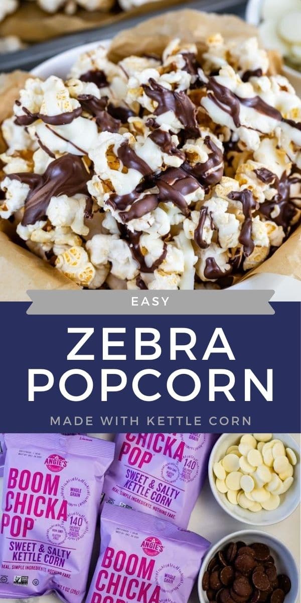 collage of zebra popcorn photo and bags of popcorn