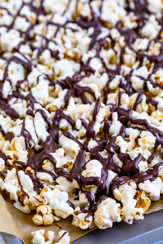 close up of popcorn coated in chocolate