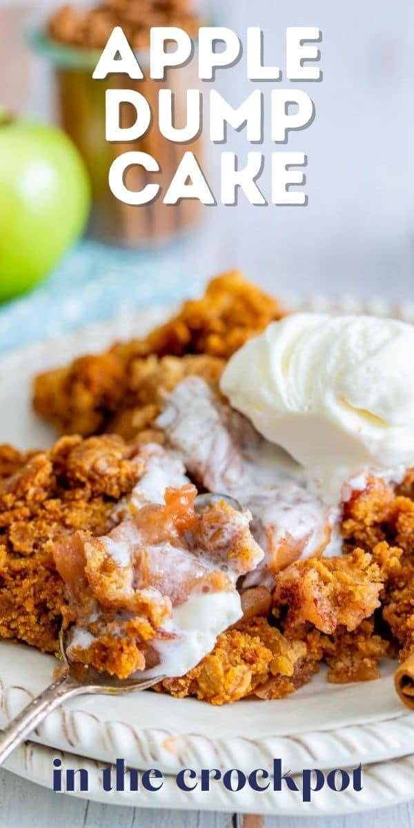 Apple dump cake with a scoop of ice cream on a white plate with recipe title on top