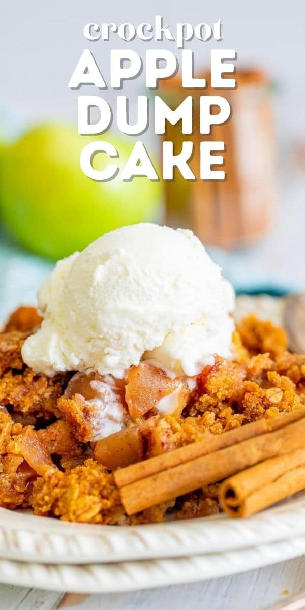 Apple dump cake on a white plate with a scoop of ice cream on top and recipe title on top of image